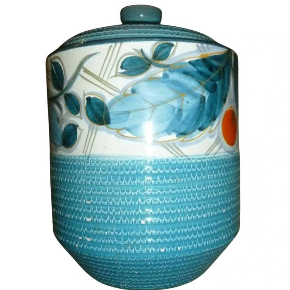 Vintage Fratelli Fanciullacci Italy Turquoise Basketweave Canister‎ MCM Majolica